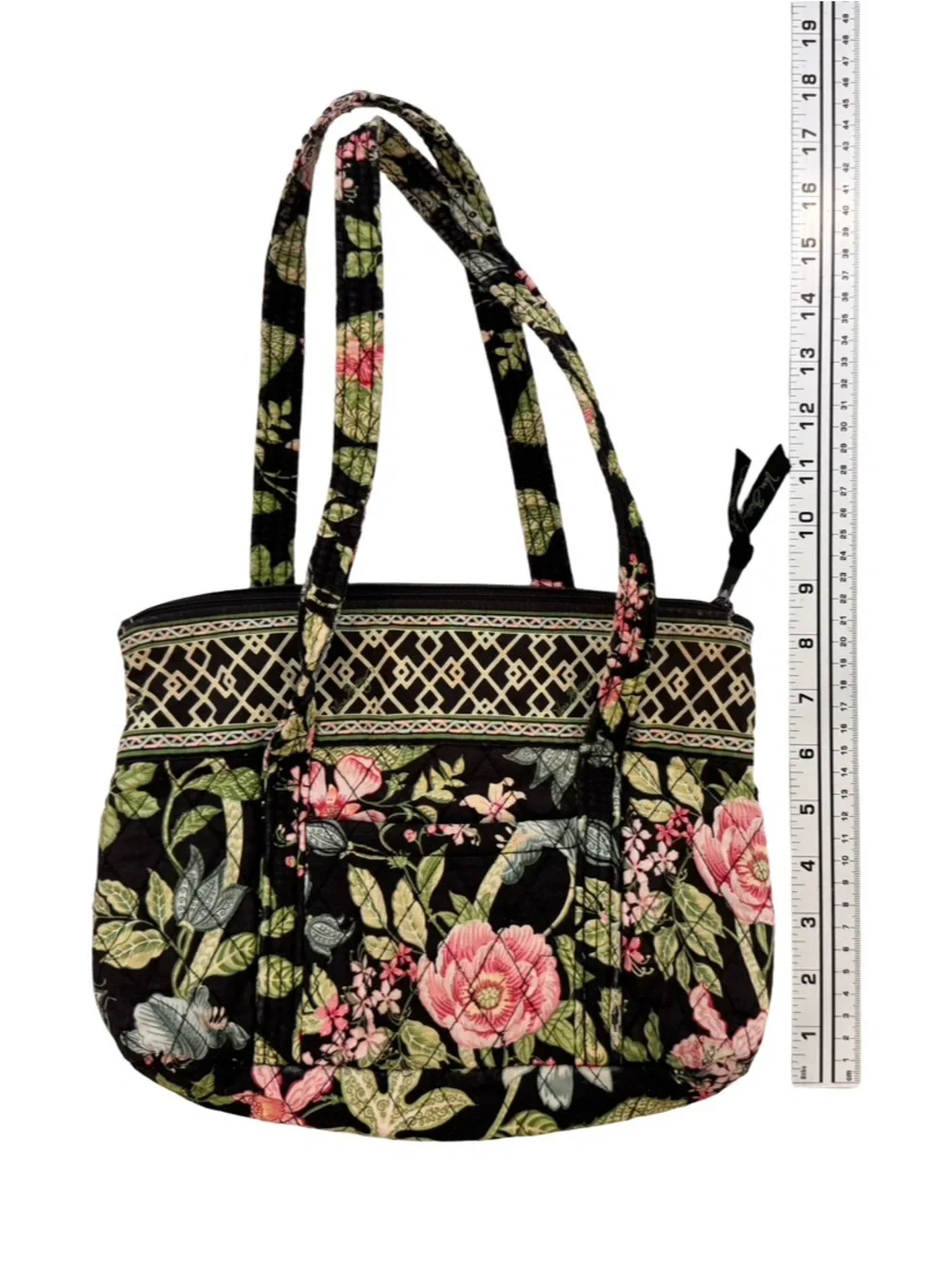 Vera Bradley Black Quilted Shoulder Bag with Pink and Green Floral Print
